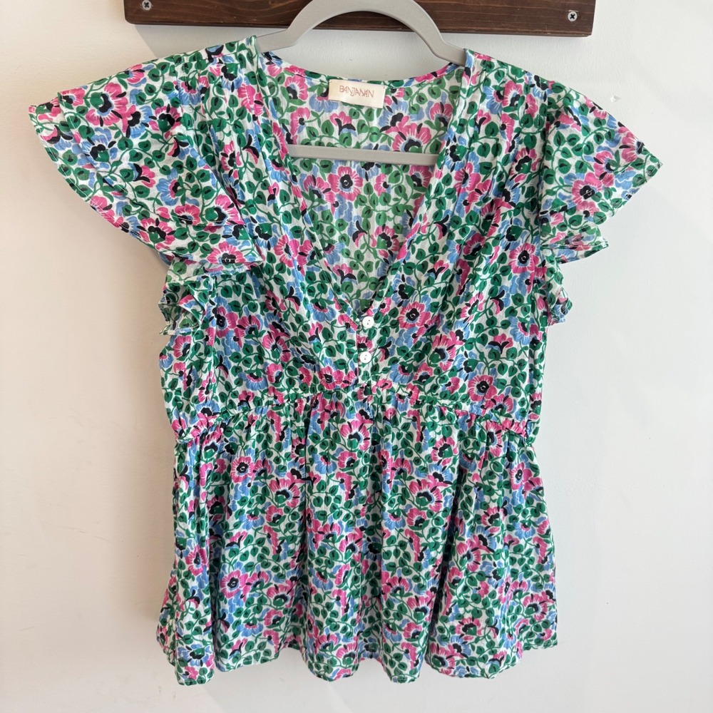 Banjanan Kira Floral Cotton Peplum Top V-Neck Ruffle Sleeve Pink Blue Green M